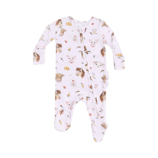 2 Way Zipper Ruffle Back Footie Vintage Animal Faces Pink.