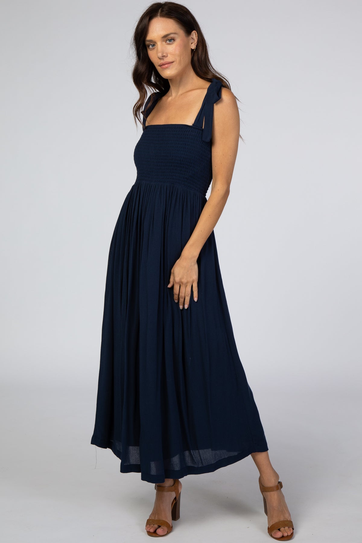 Navy Blue Smocked Tie Strap Maternity Midi Dress by PinkBlush at Everetts Place