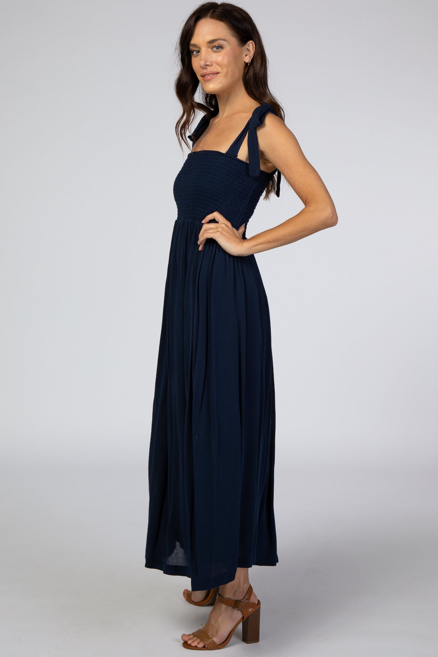 Navy Blue Smocked Tie Strap Midi Dress by PinkBlush at Everetts Place