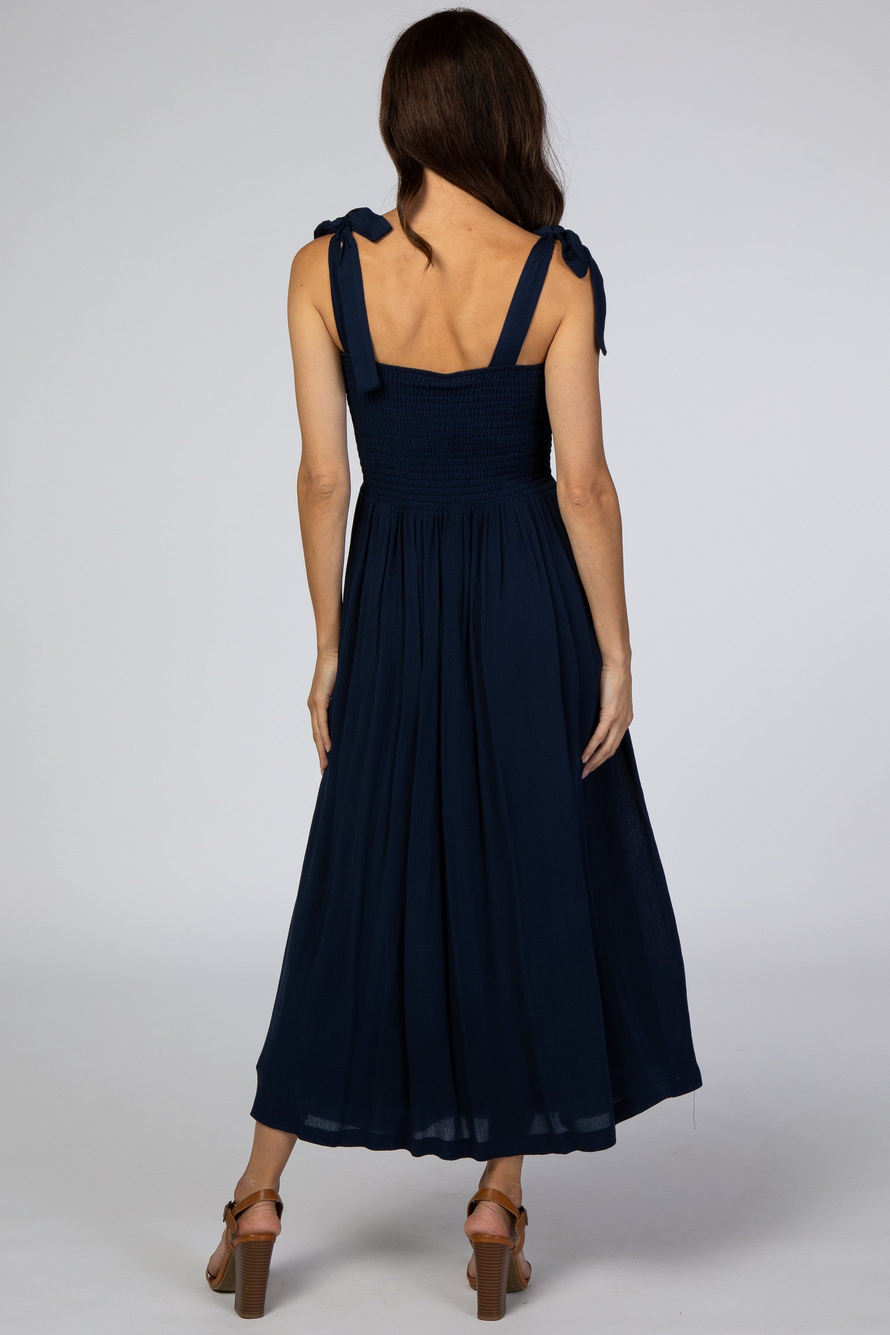 Navy Blue Smocked Tie Strap Midi Dress by PinkBlush at Everetts Place
