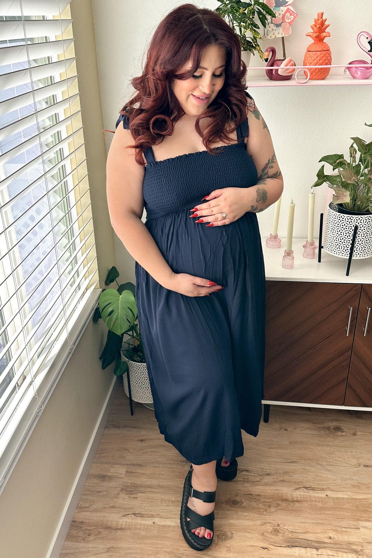 Navy Blue Smocked Tie Strap Maternity Midi Dress by PinkBlush (view 4 of 9)