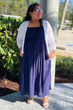 Navy Blue Smocked Tie Strap Midi Dress by PinkBlush at Everetts Place