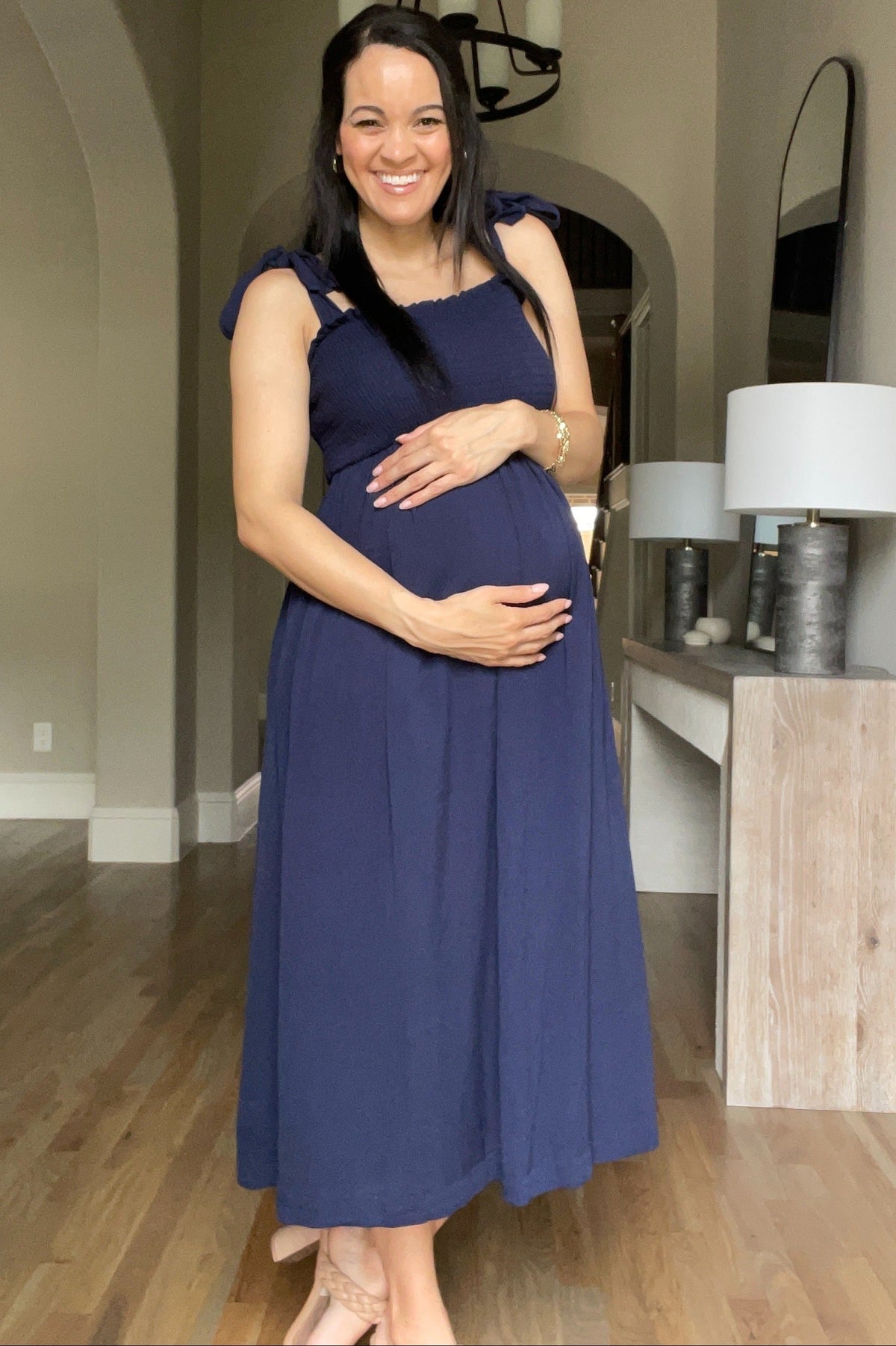 Navy Blue Smocked Tie Strap Maternity Midi Dress by PinkBlush at Everetts Place