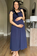 Navy Blue Smocked Tie Strap Maternity Midi Dress by PinkBlush at Everetts Place