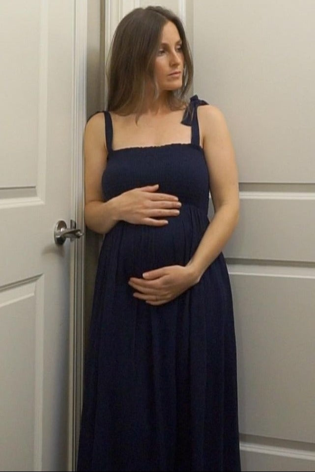 Navy Blue Smocked Tie Strap Maternity Midi Dress by PinkBlush (view 7 of 9)