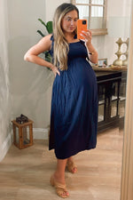 Navy Blue Smocked Tie Strap Maternity Midi Dress by PinkBlush (view 8 of 9)
