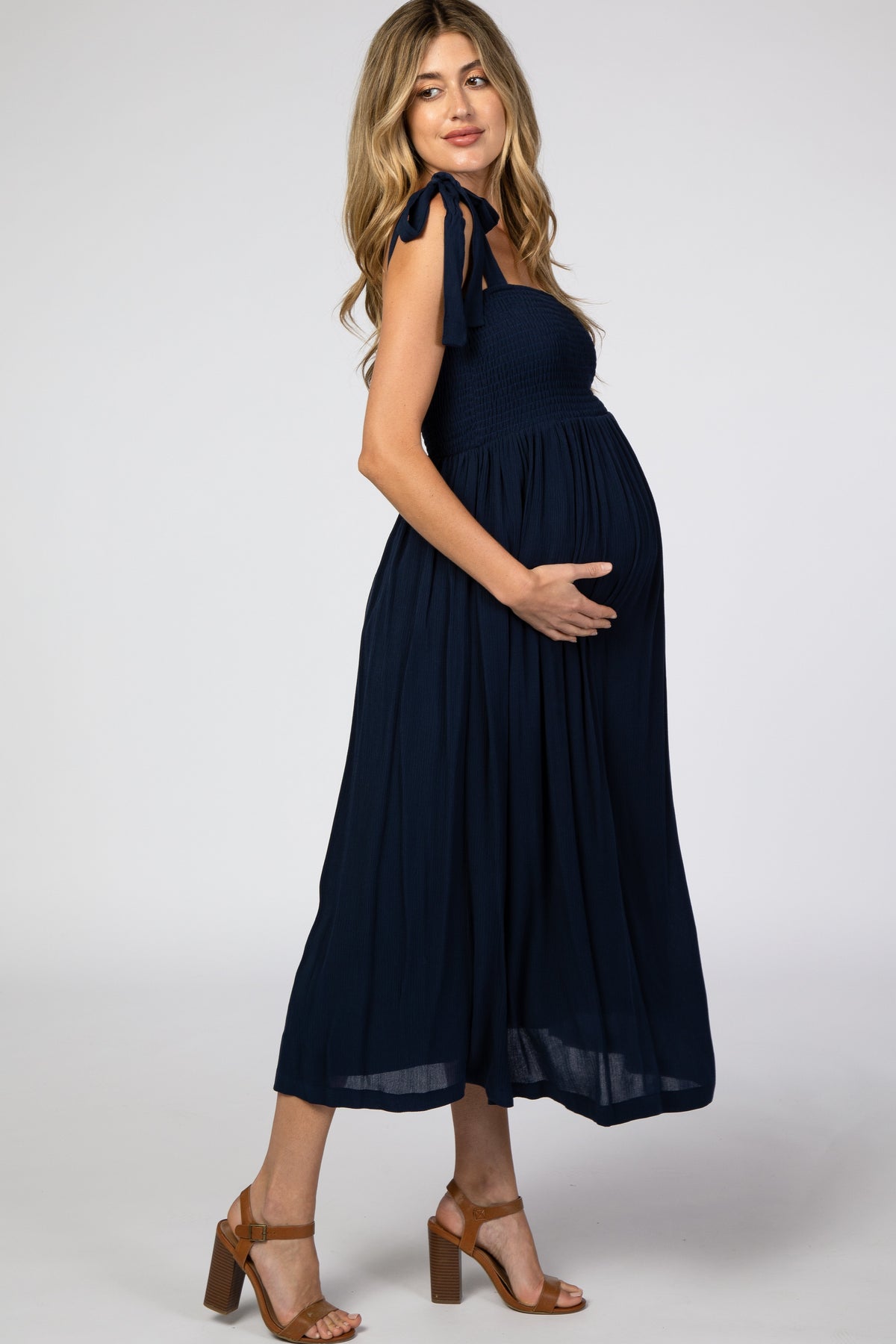 Navy Blue Smocked Tie Strap Maternity Midi Dress by PinkBlush (view 2 of 9)