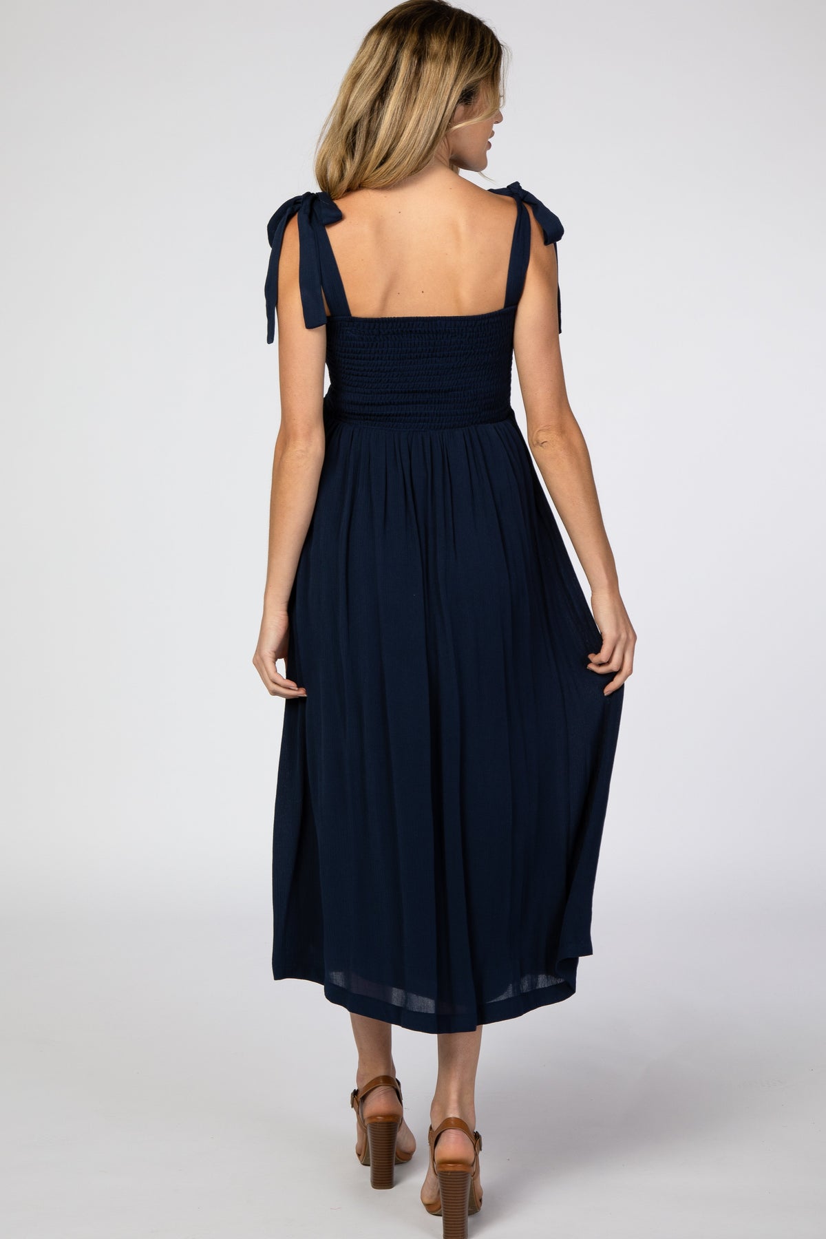 Navy Blue Smocked Tie Strap Maternity Midi Dress by PinkBlush at Everetts Place