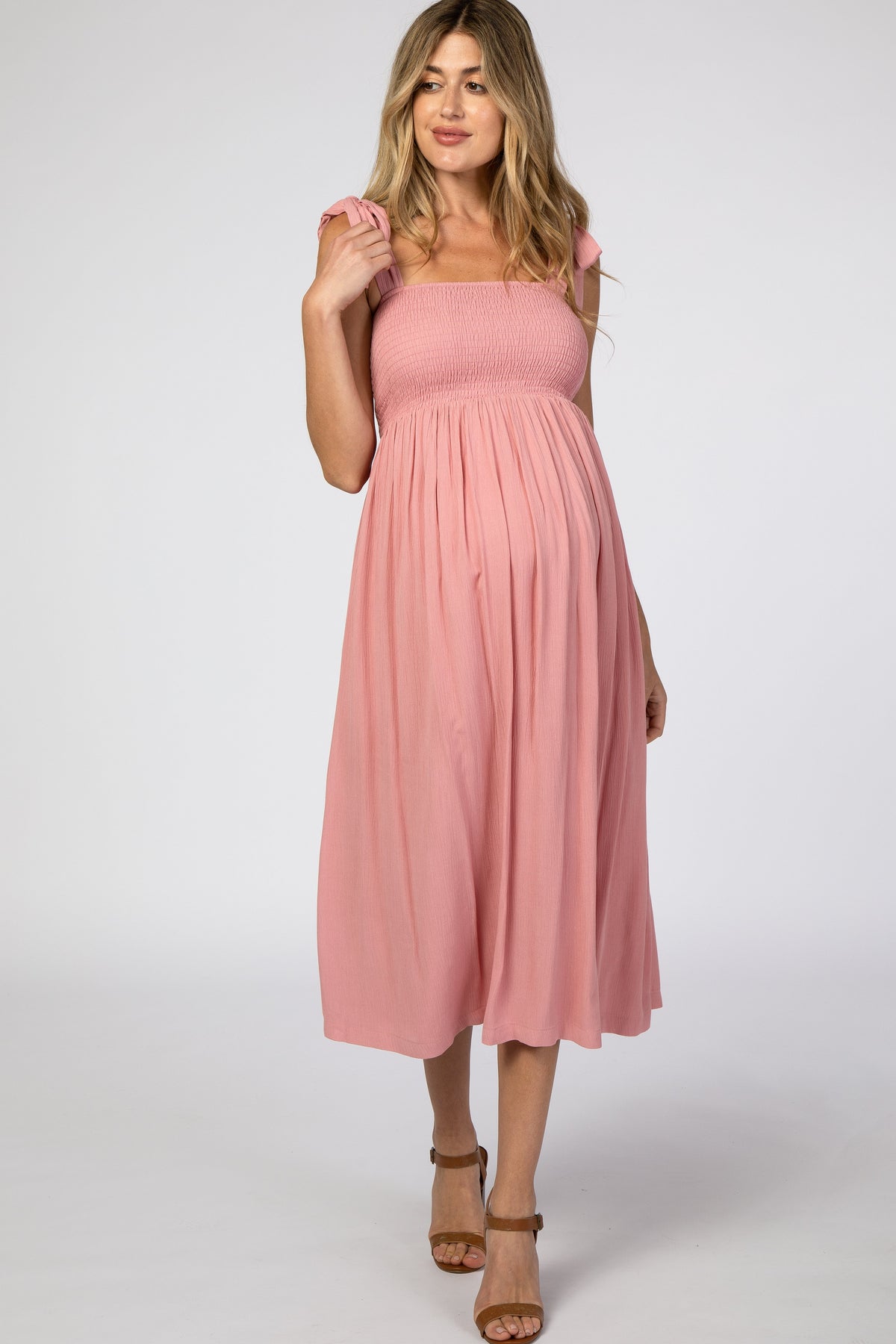 Pink Smocked Tie Strap Maternity Midi Dress - One-piece garment, Day Dress, Dress, Pink, Cocktail dress | Everetts Place