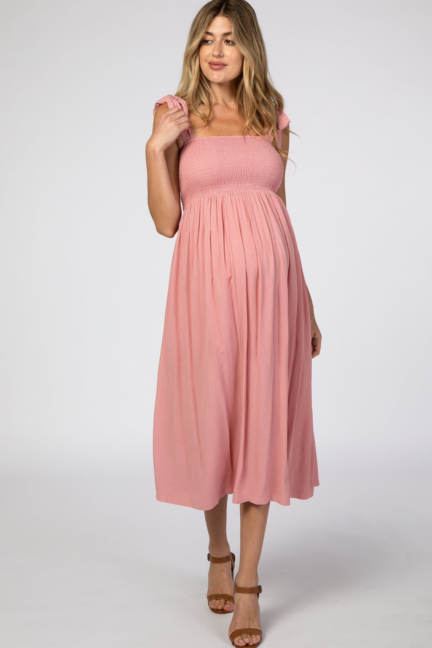 Pink Smocked Tie Strap Maternity Midi Dress - One-piece garment, Day Dress, Dress, Pink, Cocktail dress | Everetts Place