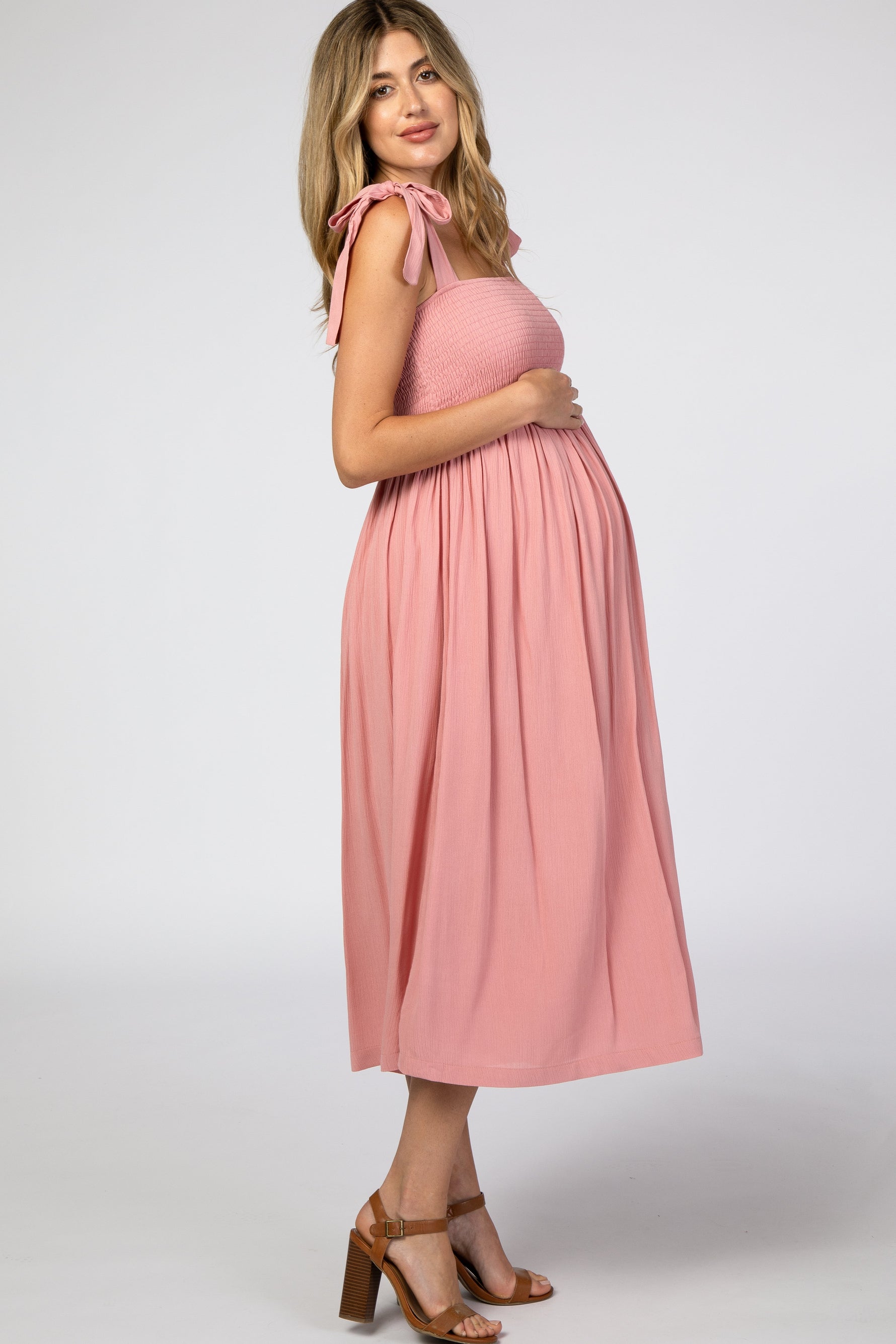 Pink Smocked Tie Strap Maternity Midi Dress by PinkBlush at Everetts Place