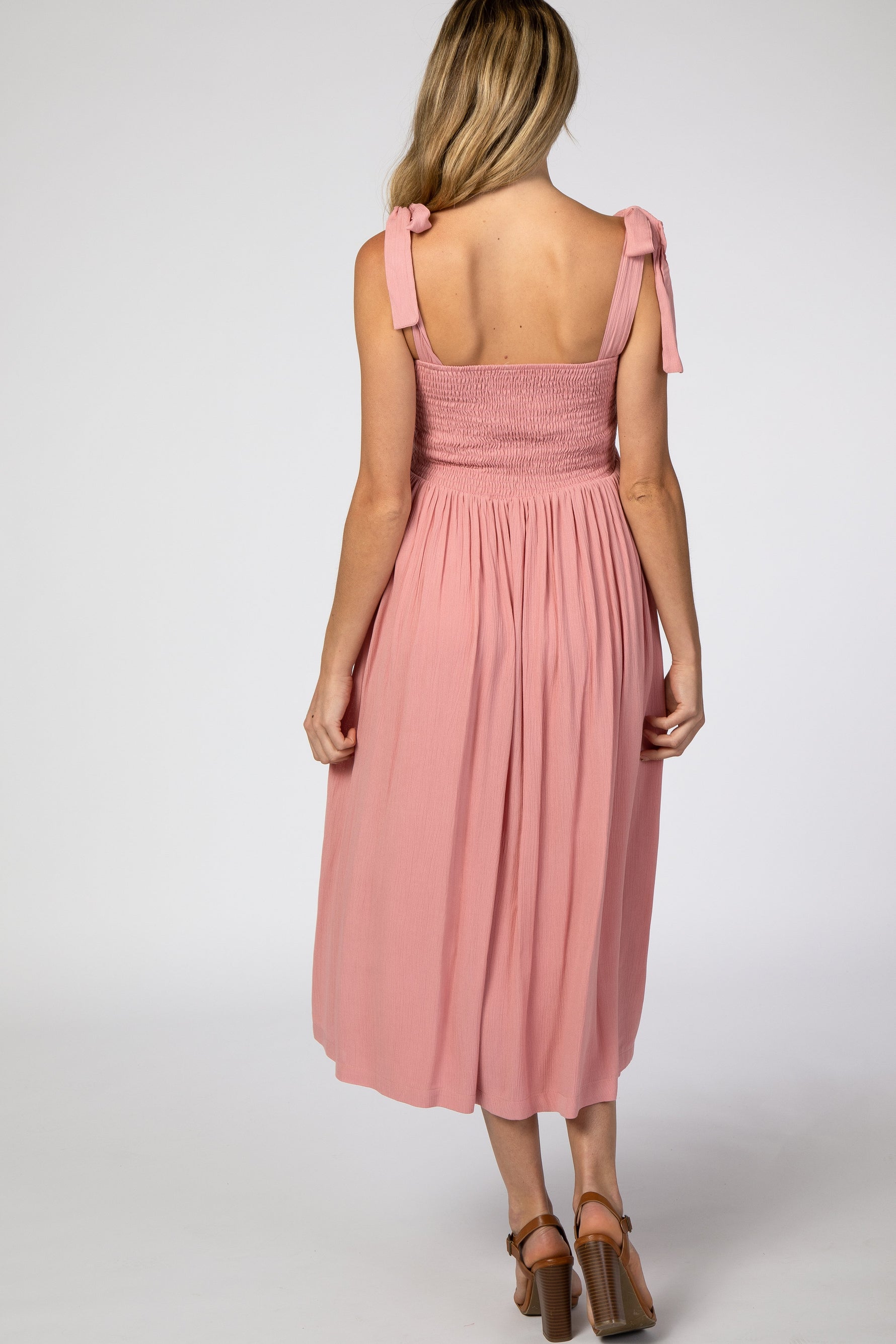 Pink Smocked Tie Strap Maternity Midi Dress by PinkBlush at Everetts Place