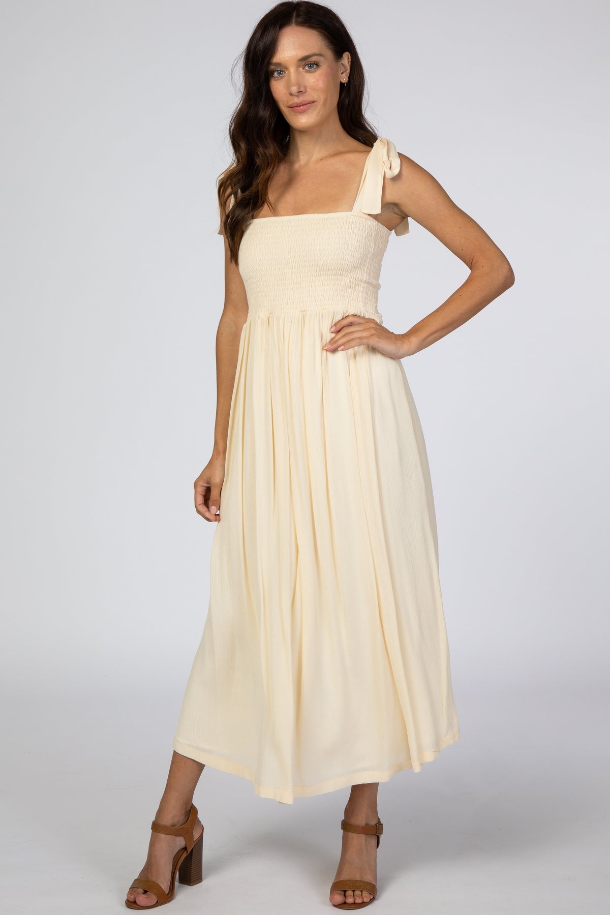 Smocked Tie Strap Maternity Maxi Dress by PinkBlush