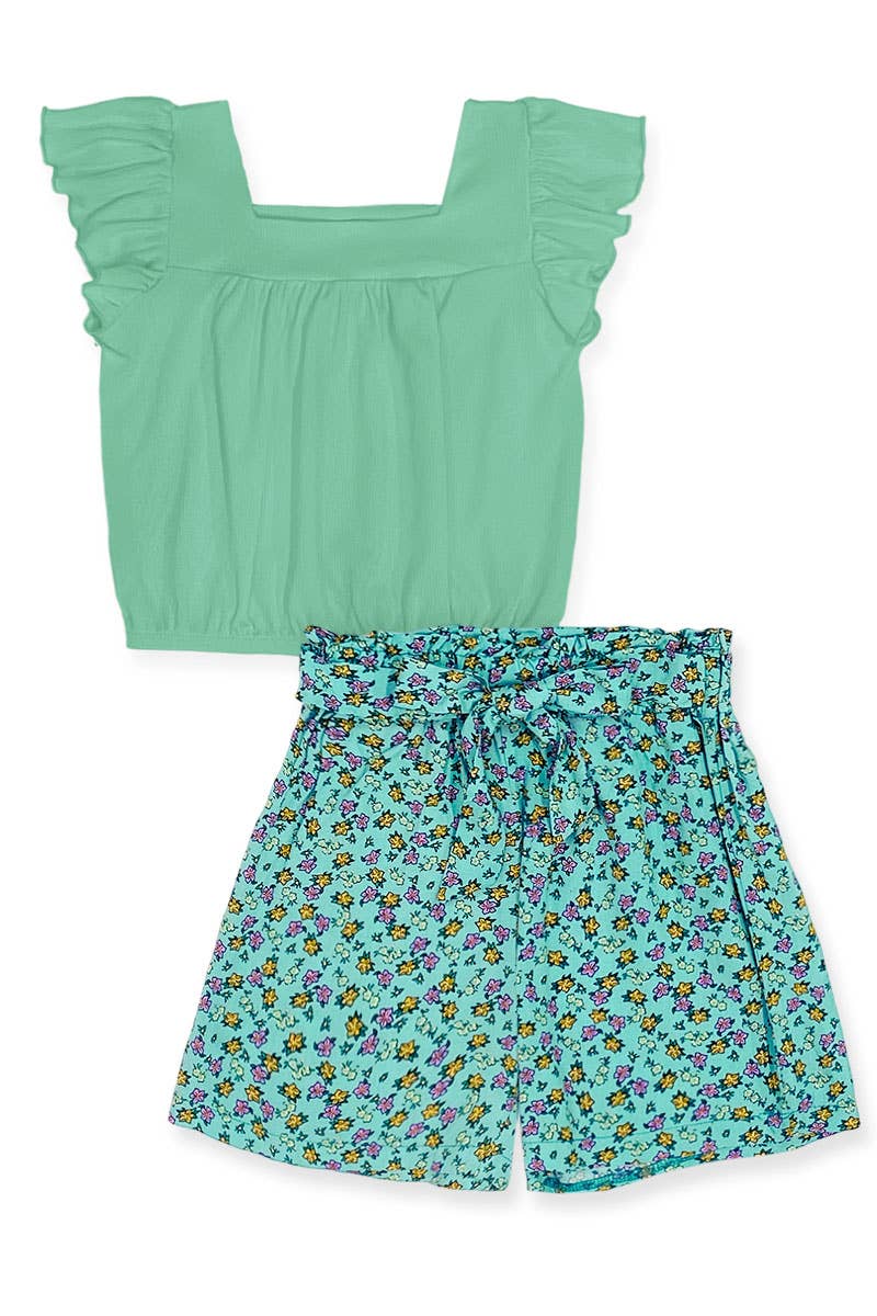 Girl's Floral Short Set - Emerald/Teal Floral