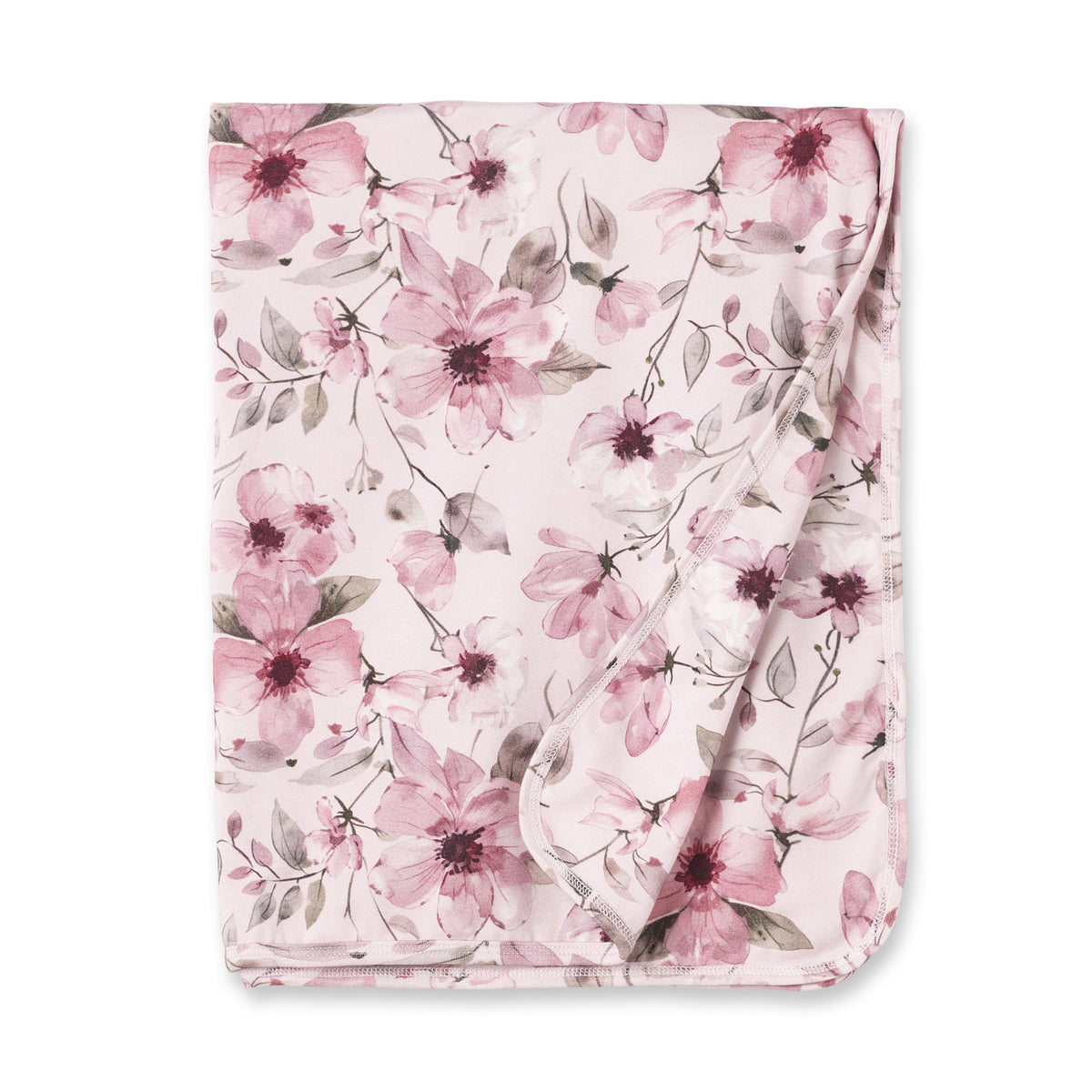 Baby stroller blanket with watercolor floral print in blush, rose, and sage