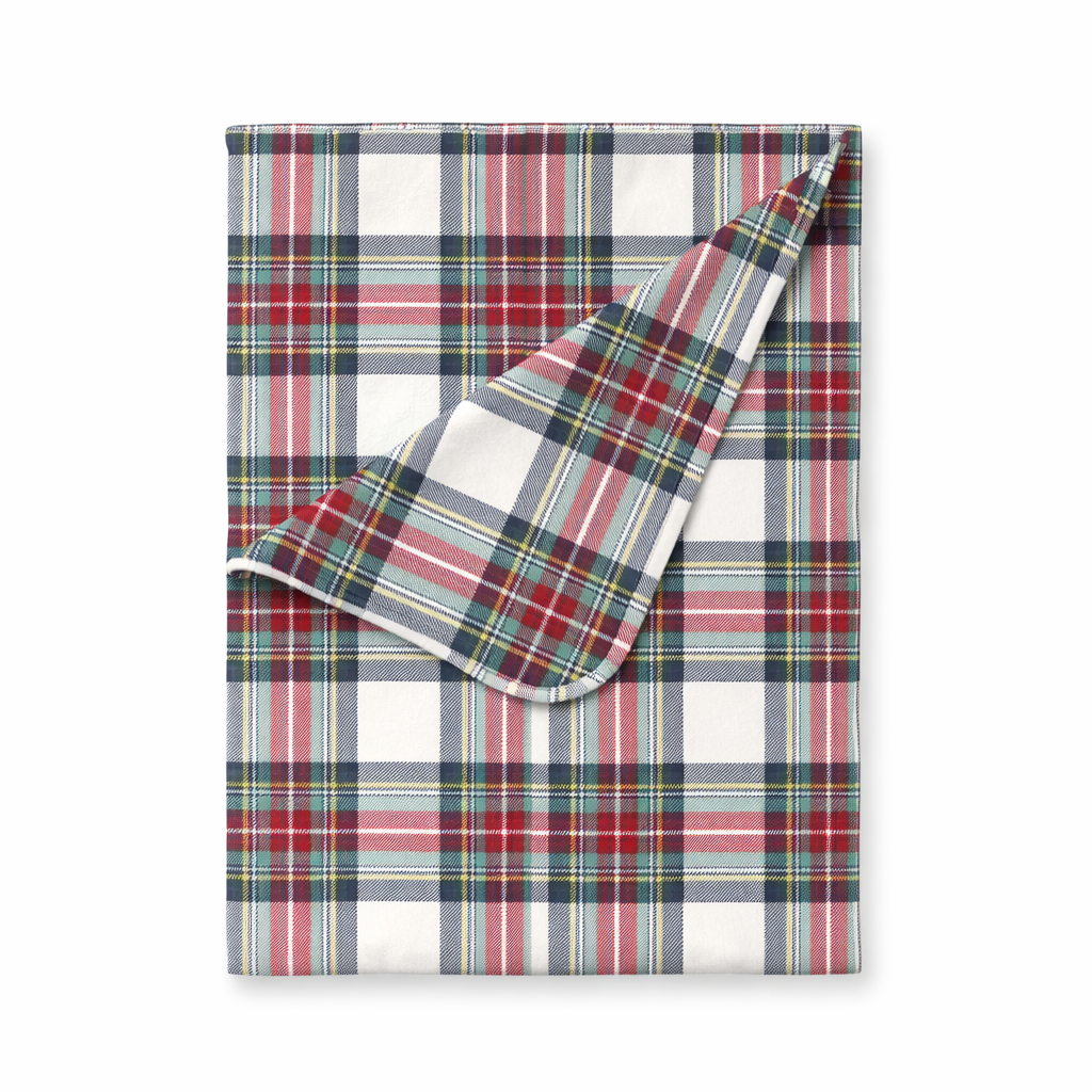 Baby stroller blanket in red and green holiday plaid, laid flat