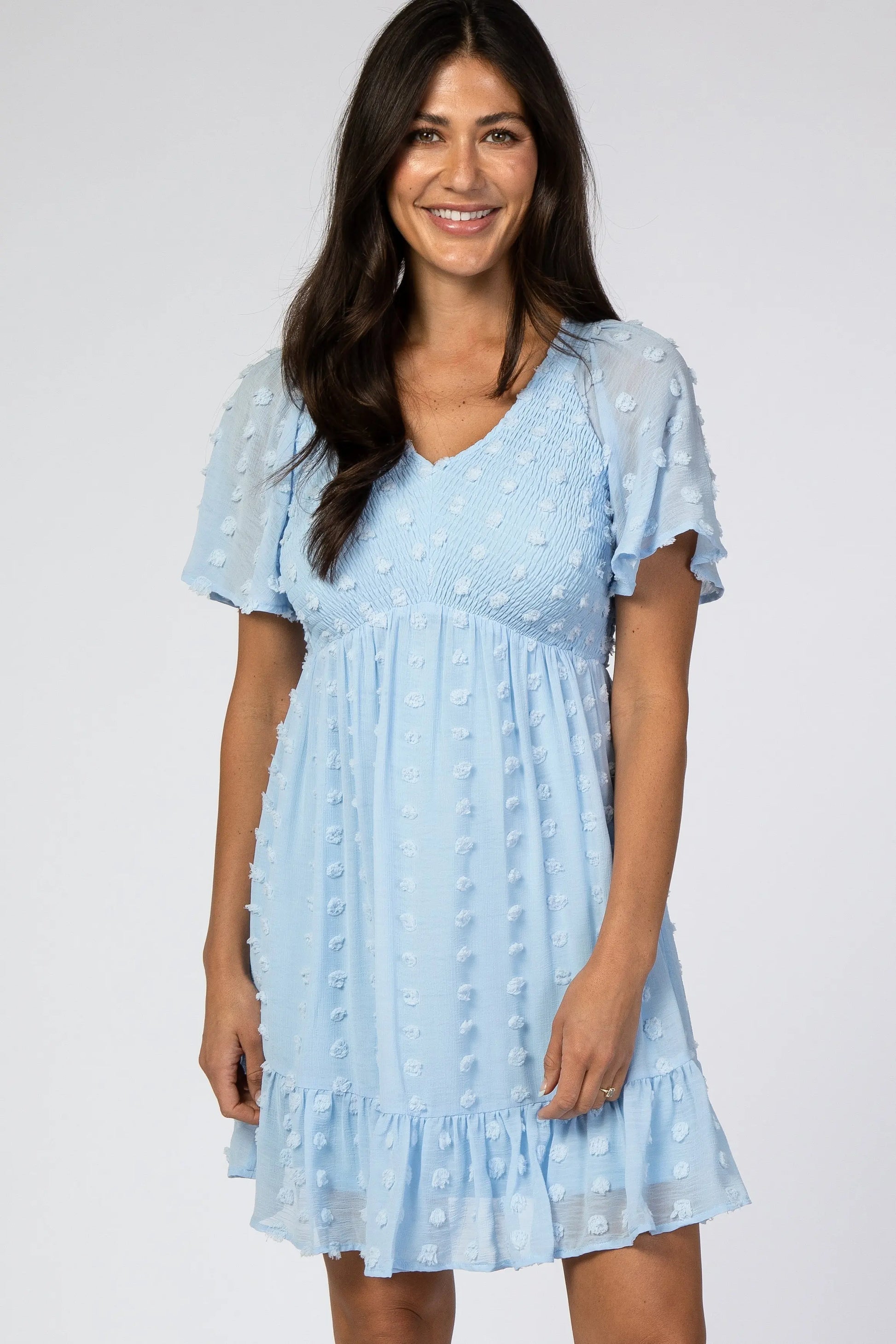 PinkBlush Light Blue Swiss Dot Smocked Dress with V Neckline for Elegant Women - Apparel & Accessories > Clothing > Dresses