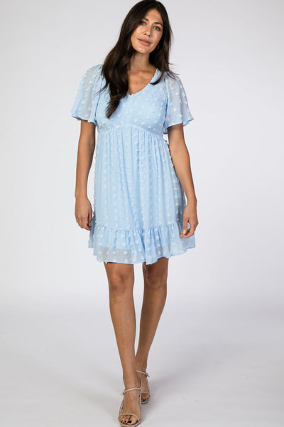 Light Blue Swiss Dot Smocked Dress with V Neckline for Elegant Women