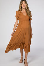 Camel Smocked Maternity Midi Dress - V-Neck by PinkBlush