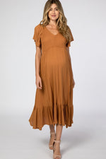Camel Smocked Maternity Midi Dress - V-Neck by PinkBlush