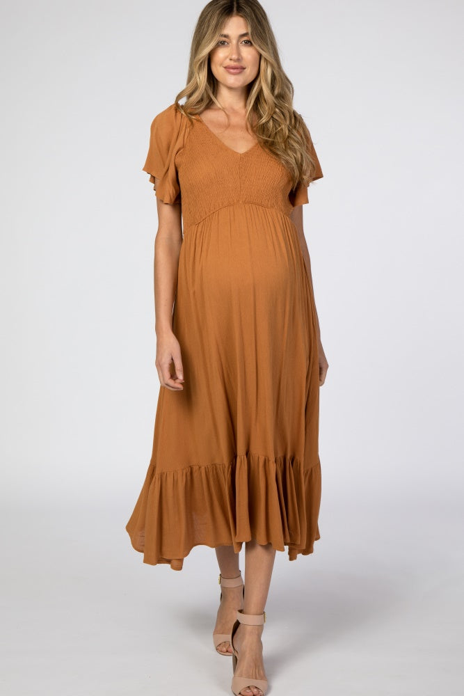 Camel Smocked Maternity Midi Dress - V-Neck