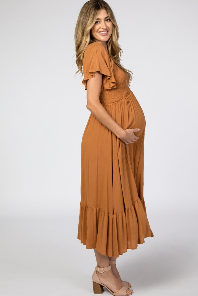 Camel Smocked Maternity Midi Dress - V-Neck