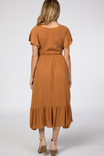 Camel Smocked Maternity Midi Dress - V-Neck by PinkBlush
