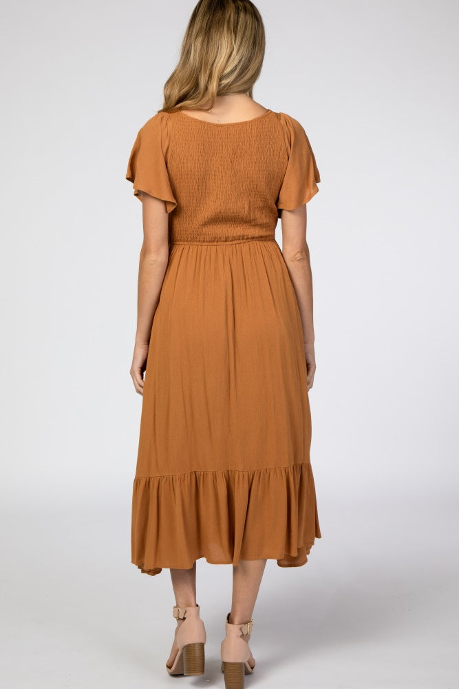 Camel Smocked Maternity Midi Dress - V-Neck by PinkBlush