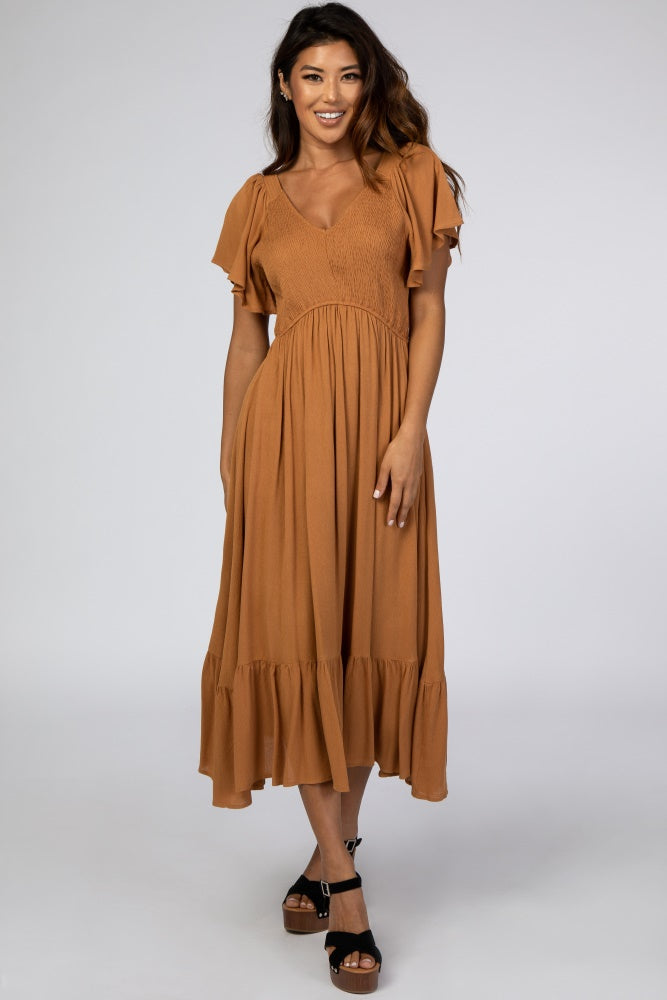 Camel Smocked Maternity Midi Dress - V-Neck by PinkBlush