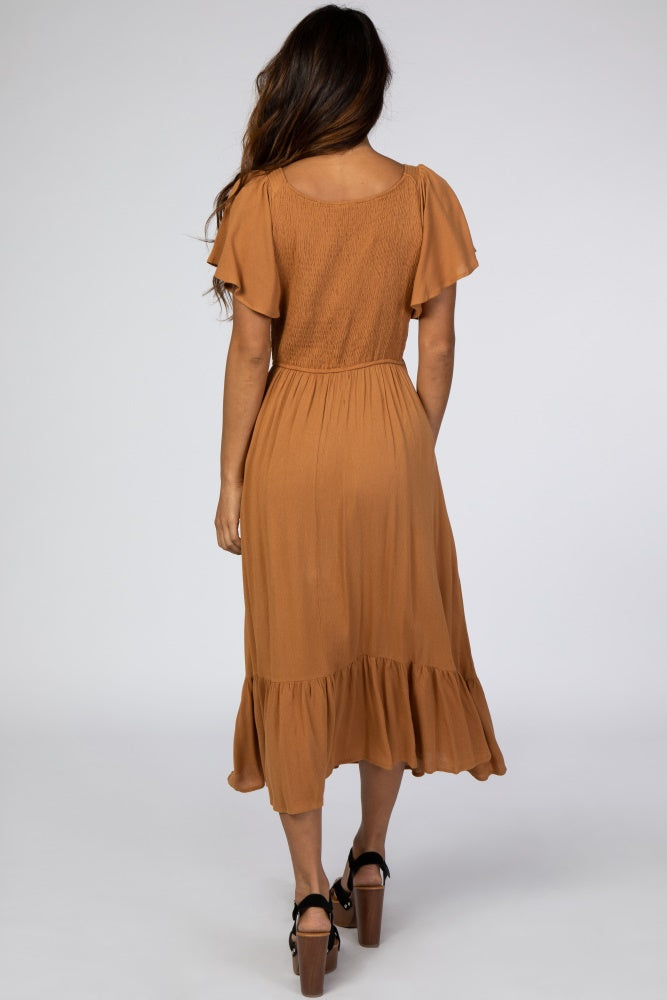 Camel Smocked V-Neck Midi Dress by PinkBlush