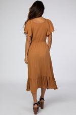 Camel Smocked V-Neck Midi Dress by PinkBlush