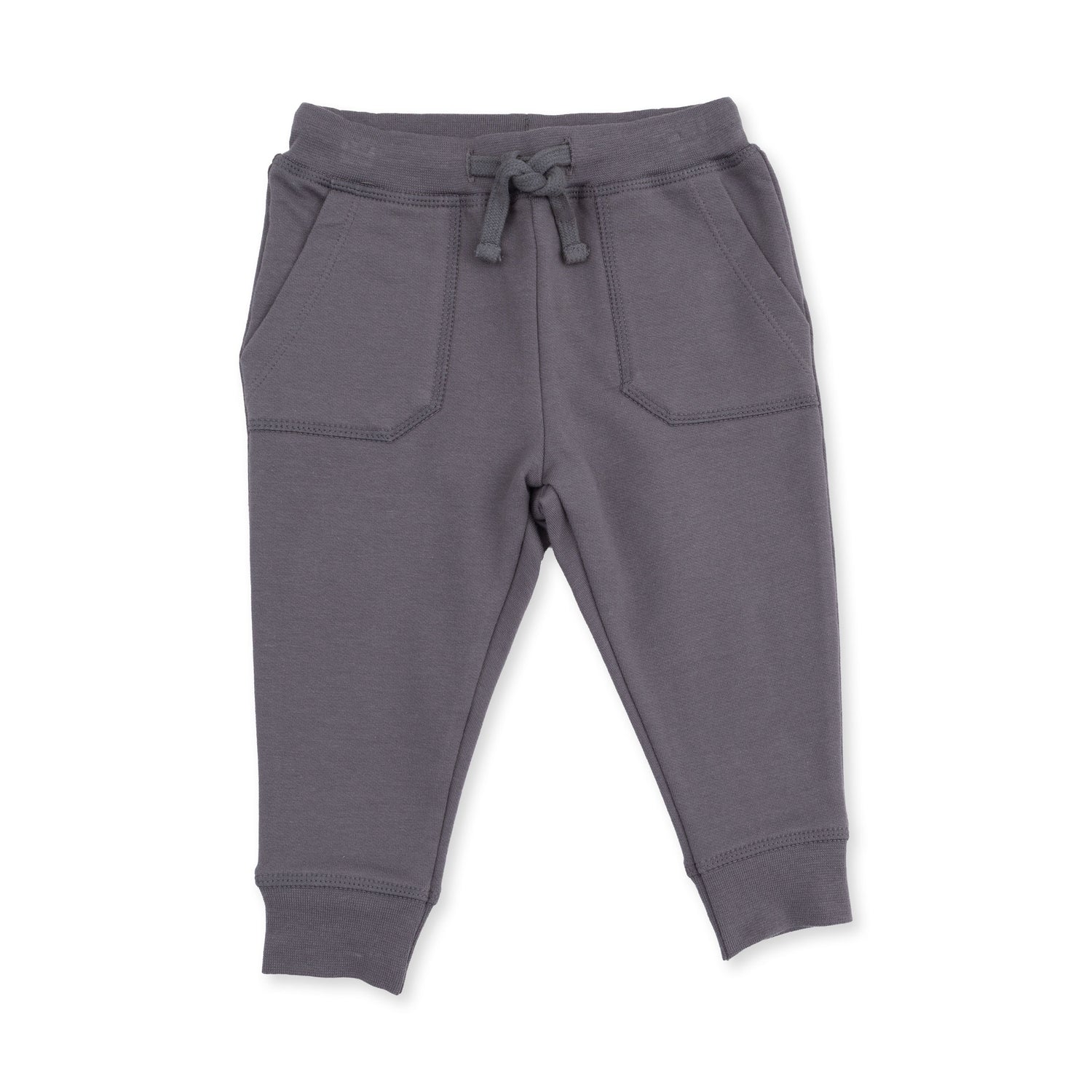 Solid castlerock grey French terry jogger pants with drawstring waist and cuffed ankles