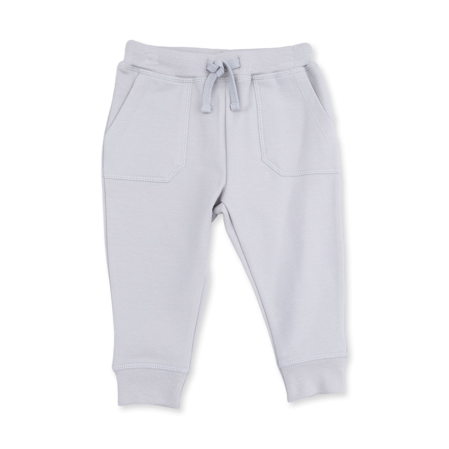 Pearl blue French terry jogger pants with a drawstring waist and cuffed ankles