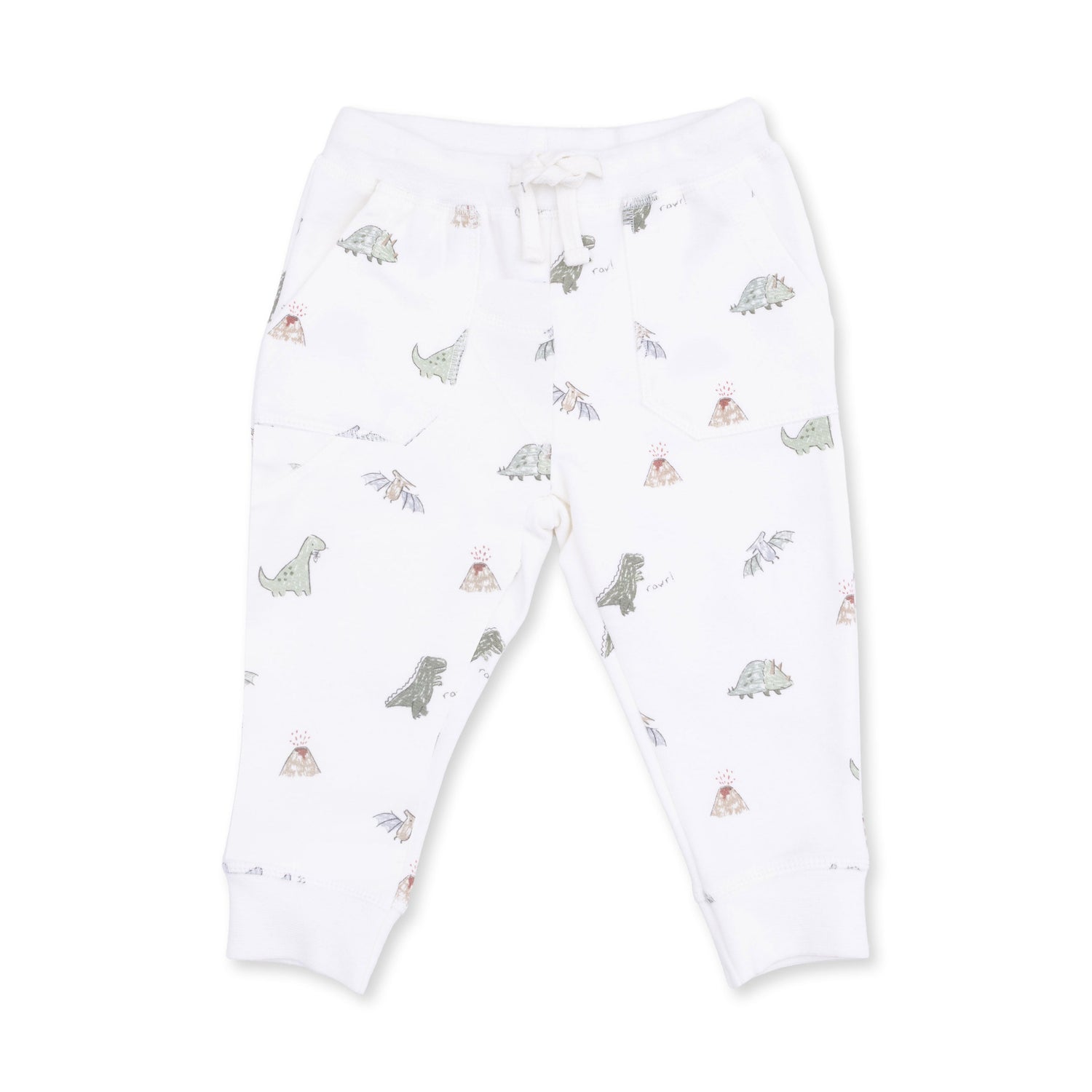 Baby French terry jogger pants in a dinosaur print with drawstring waist and cuffed ankles.