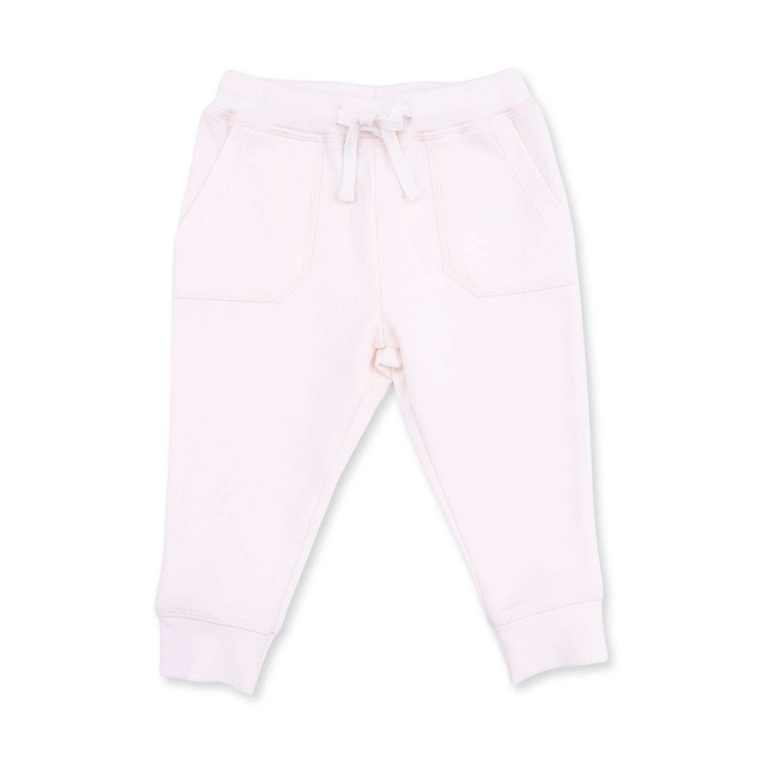 Baby French terry jogger pants in solid marshmallow pink with a drawstring waist and cuffed ankles