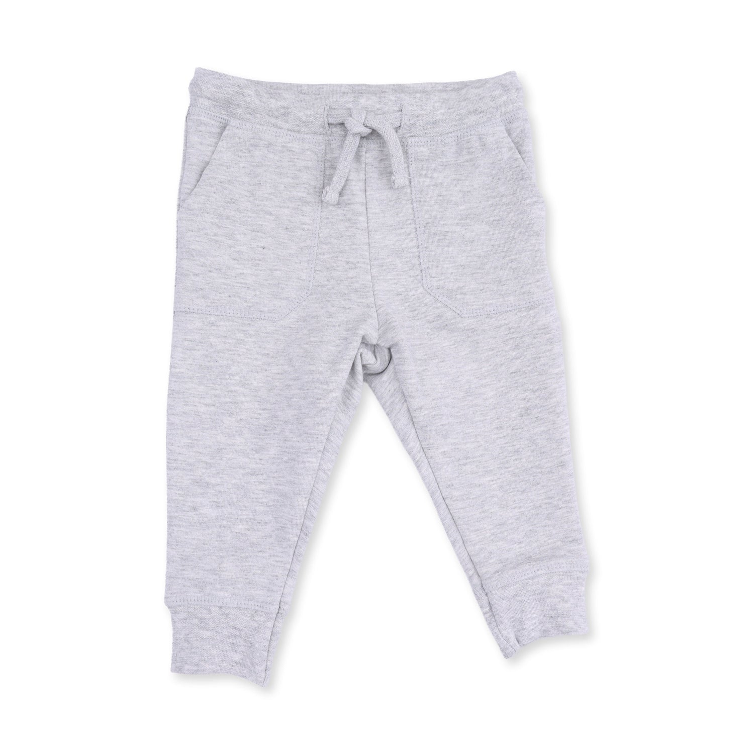 Gray French terry jogger pants with a hockey print, drawstring waist, and snug ankle cuffs