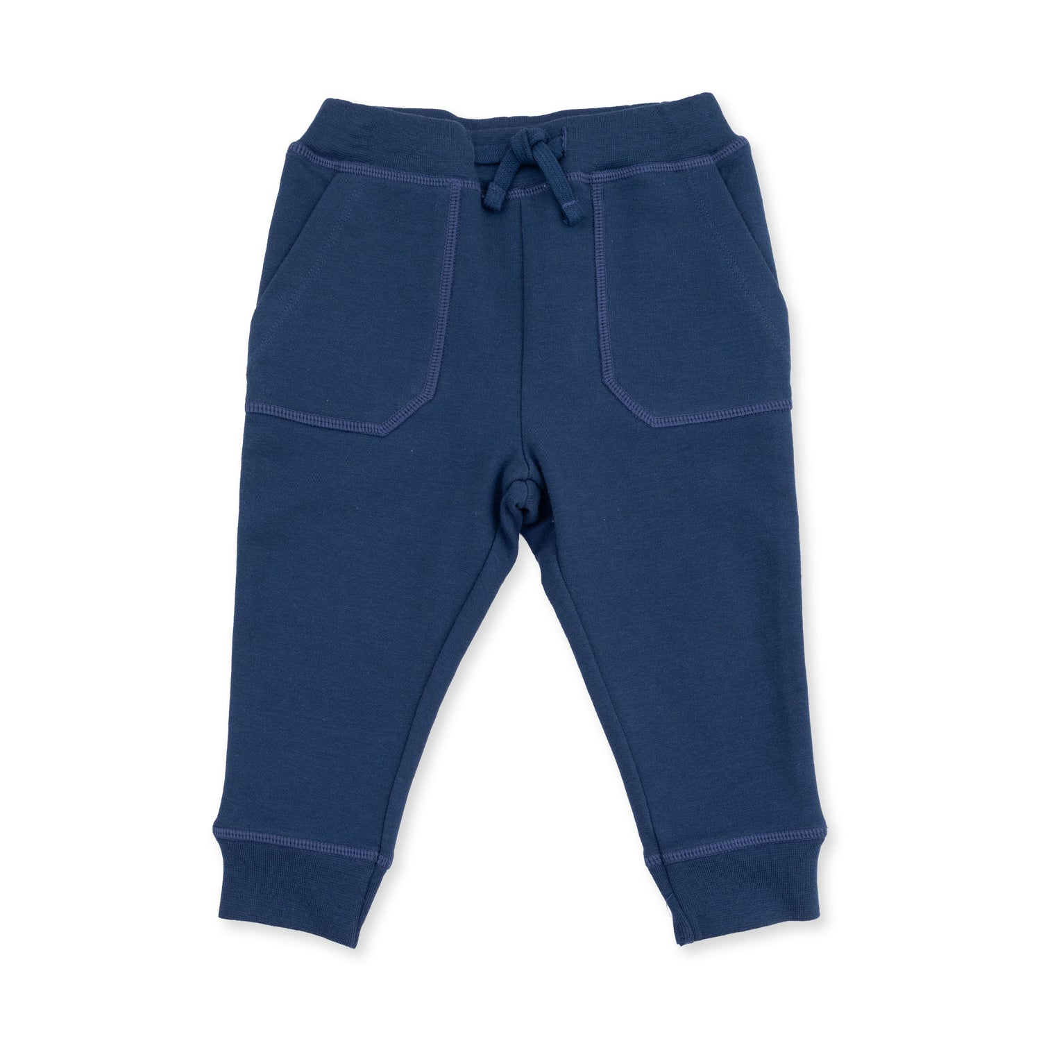 Solid insignia blue French terry jogger pants with a drawstring waist and cuffed ankles
