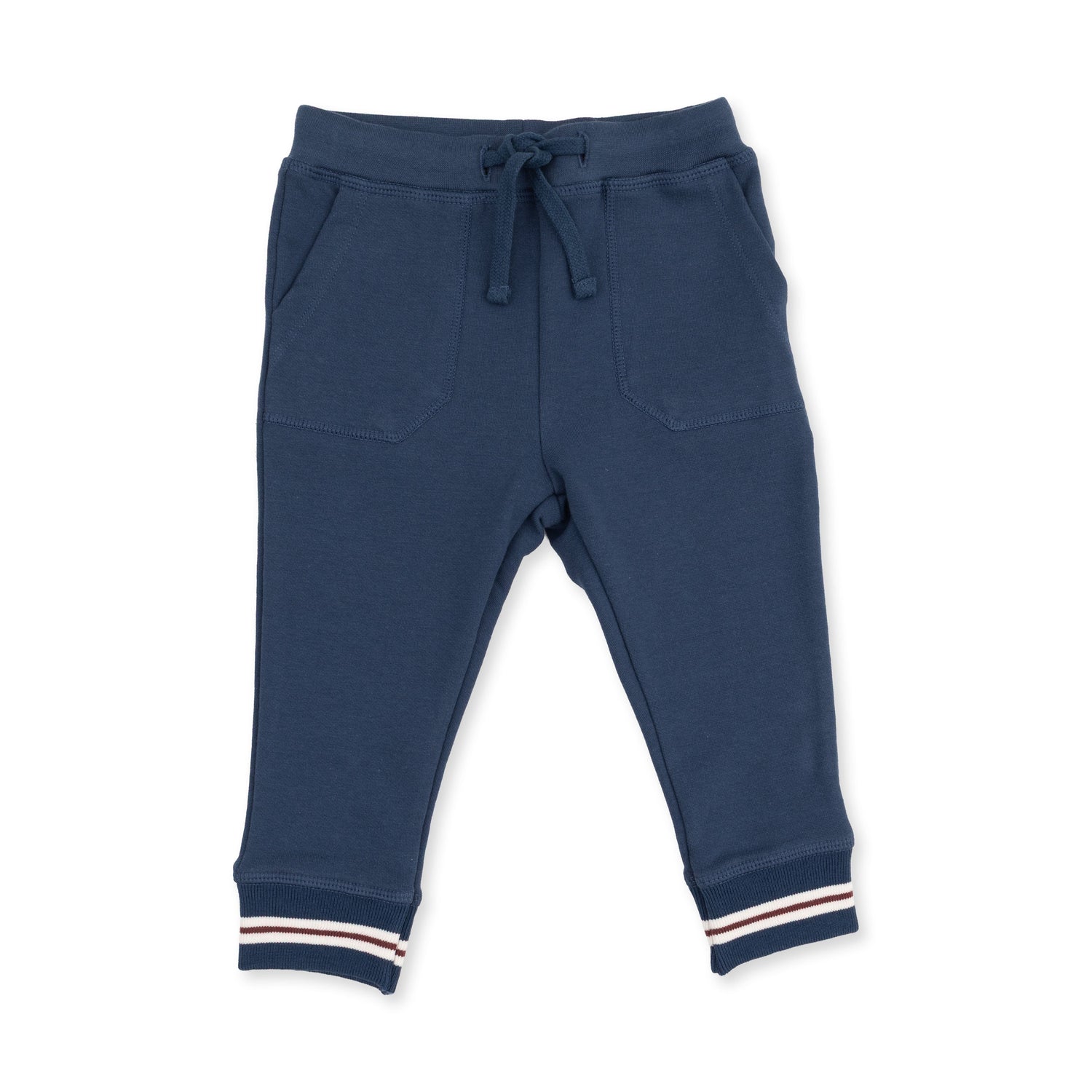 Navy French terry jogger pants with a drawstring waist and snug ankle cuffs