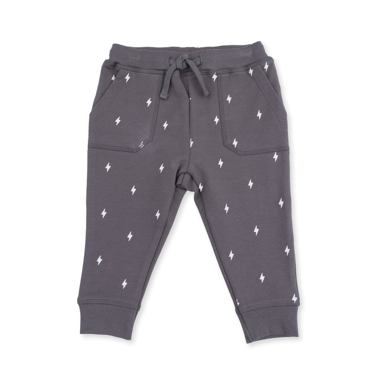 Baby and toddler jogger pants with lightning bolt print, drawstring waist and elastic cuffs