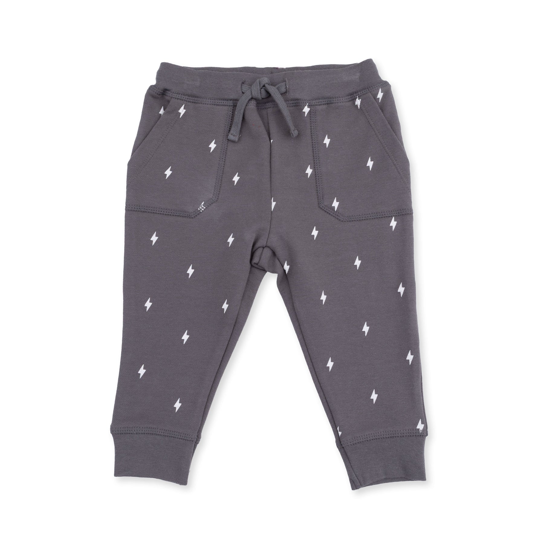 Baby and toddler jogger pants with lightning bolt print, drawstring waist and elastic cuffs