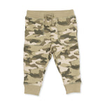 Baby jogger pants in green and tan camo French terry with a drawstring waist and ribbed cuffs.