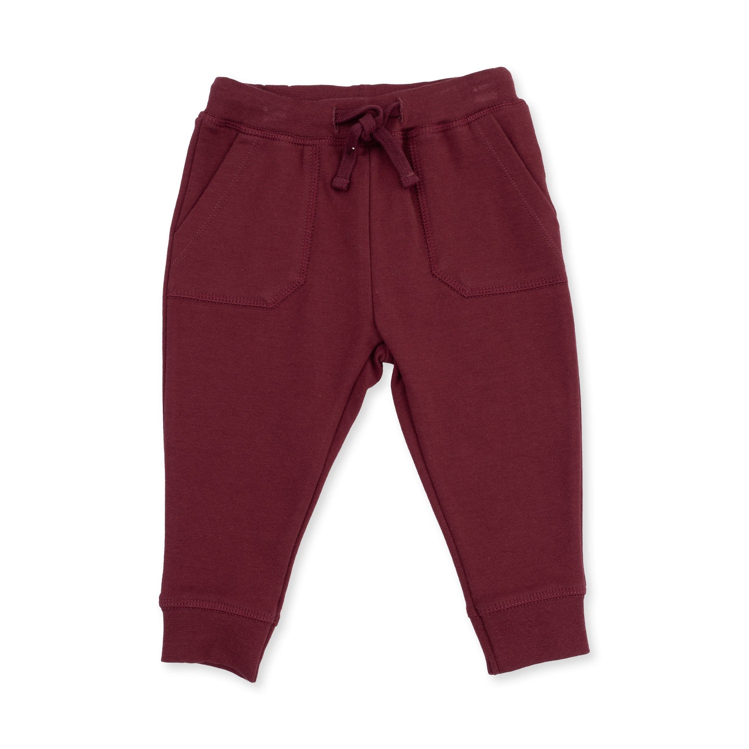 Baby jogger pants in solid maroon French terry with a drawstring waist and snug cuffs
