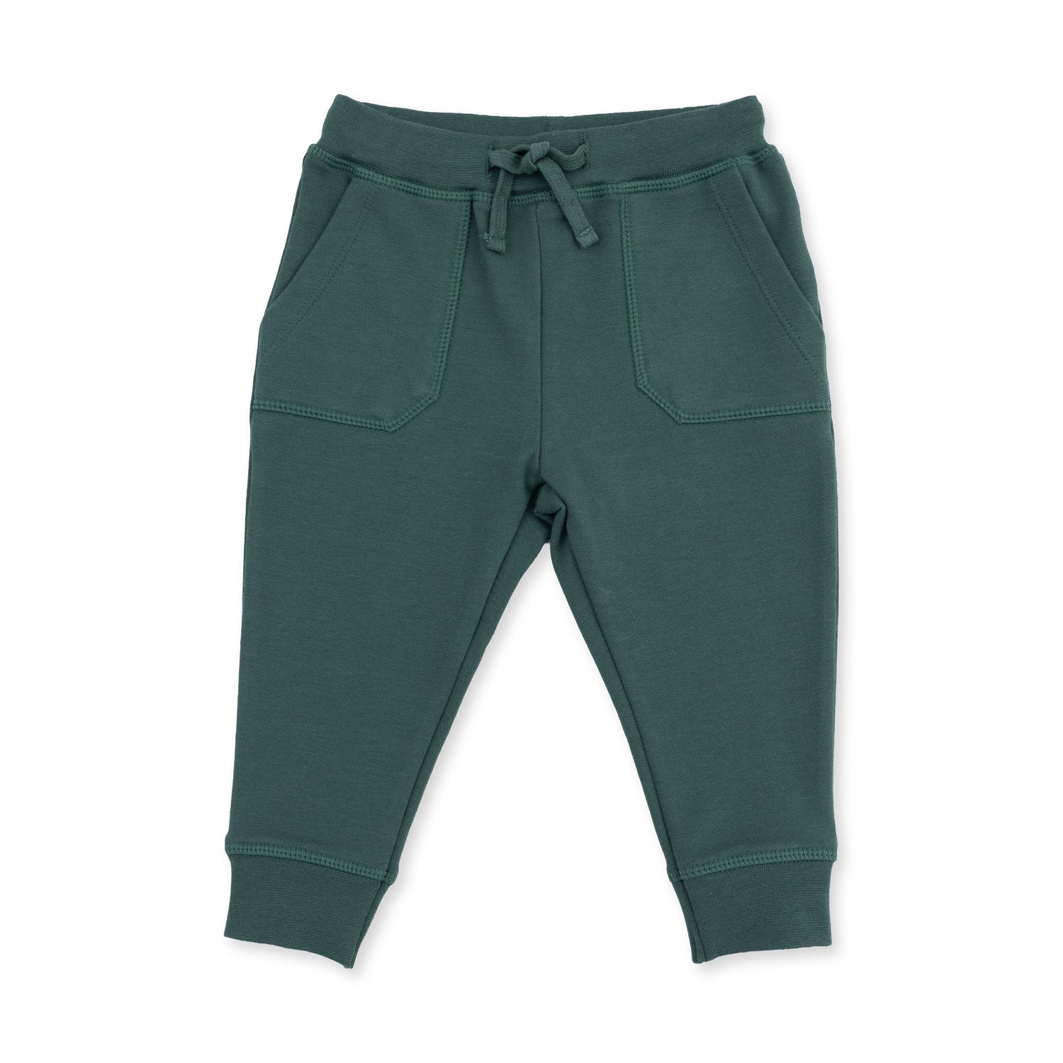 Baby jogger pants in solid smoke pine green with a drawstring waist and cuffed ankles