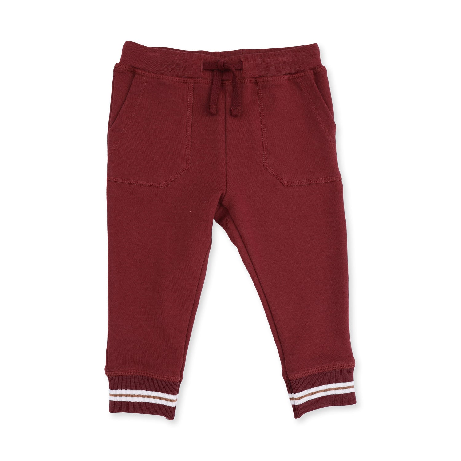 Maroon French terry jogger pants with a drawstring waist and elastic cuffs.