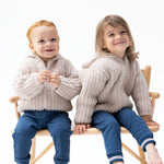 Stone chenille hooded baby jacket with striped texture, full zip front, and side pockets.