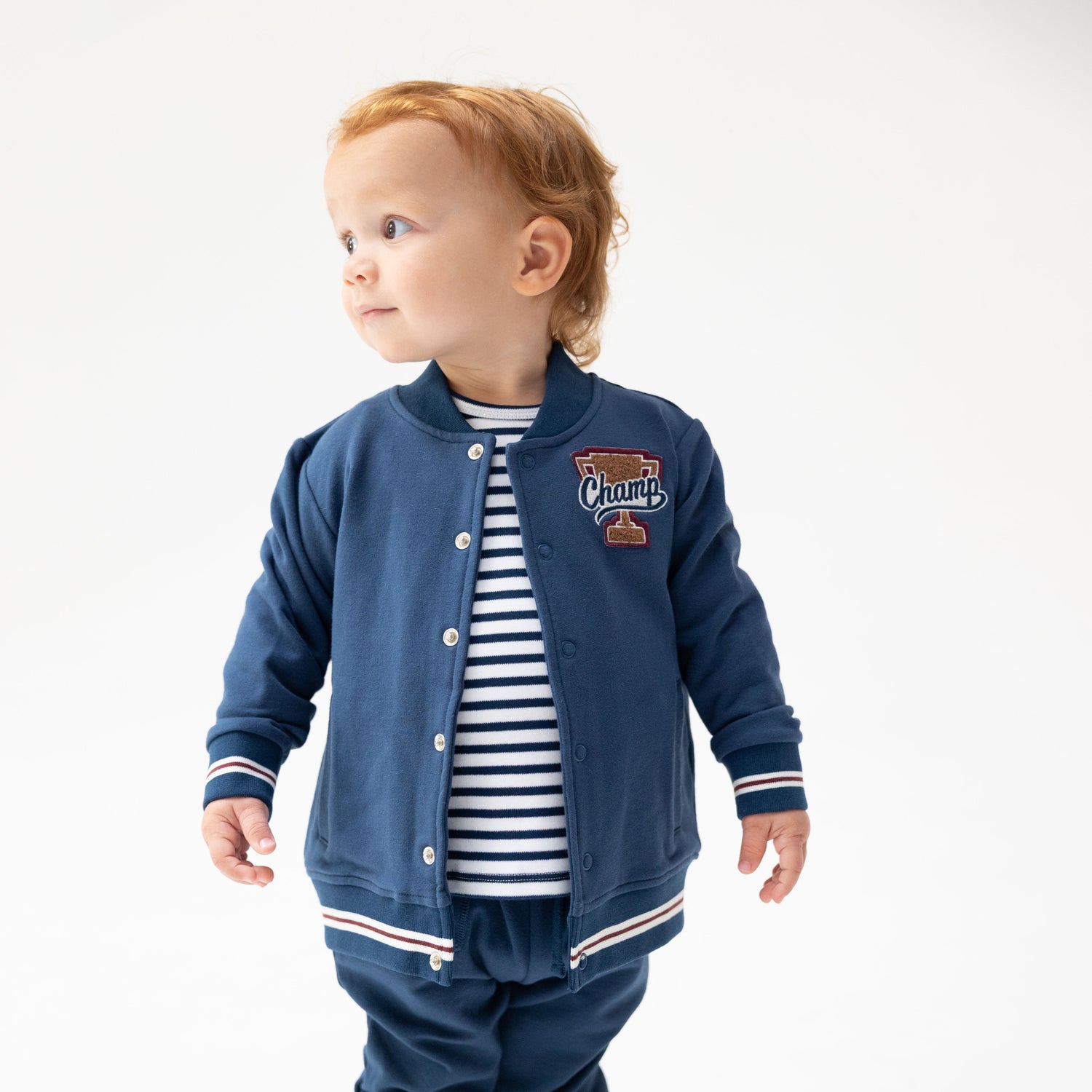 Varsity letterman jacket in French terry with a trophy applique and contrast trim