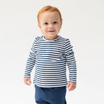 Long sleeve baby and toddler shirt in navy and white stripes with plain crew neckline