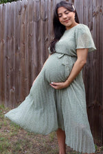 Light Olive Leaf Print Pleated Maternity Midi Dress by PinkBlush at Everetts Place