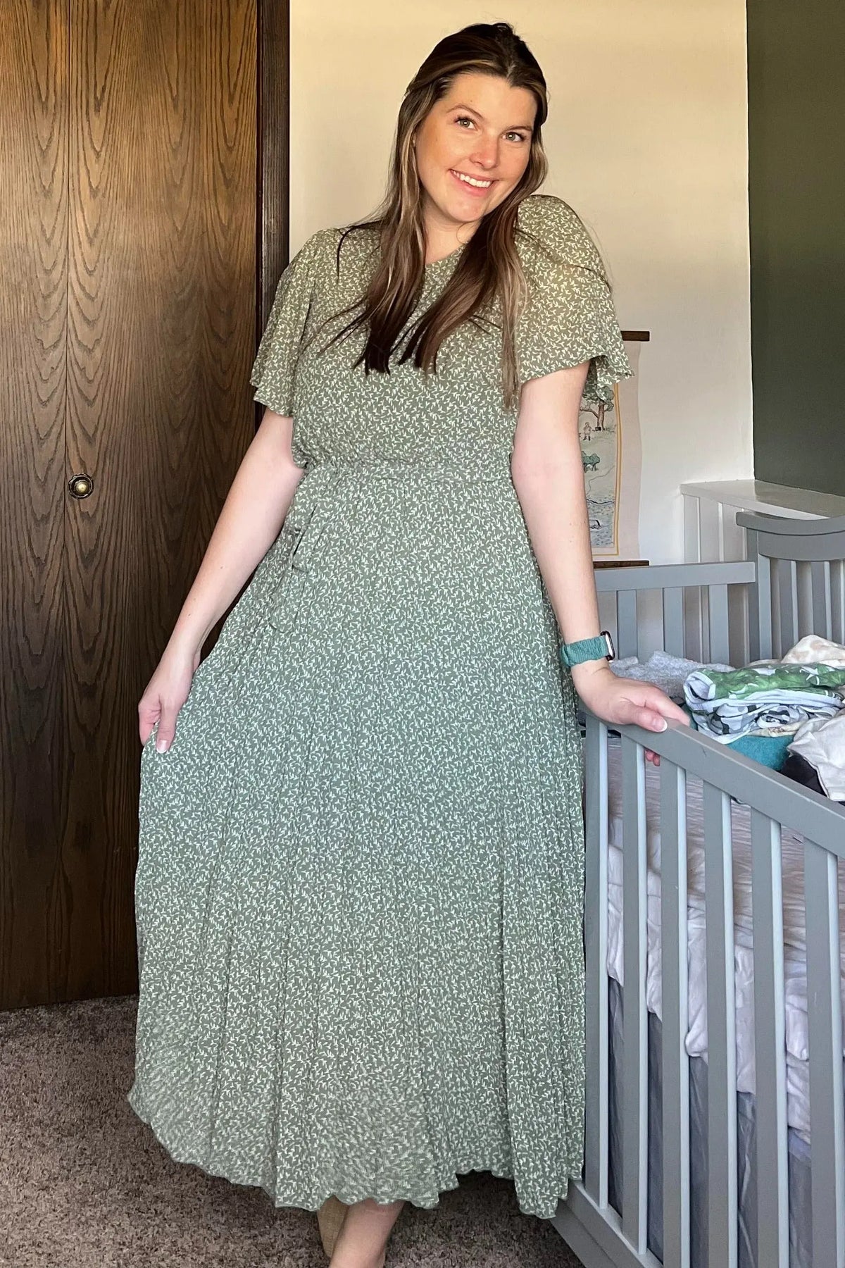 Light Olive Leaf Print Pleated Midi Dress PinkBlush 