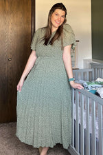 Light Olive Leaf Print Pleated Midi Dress PinkBlush 